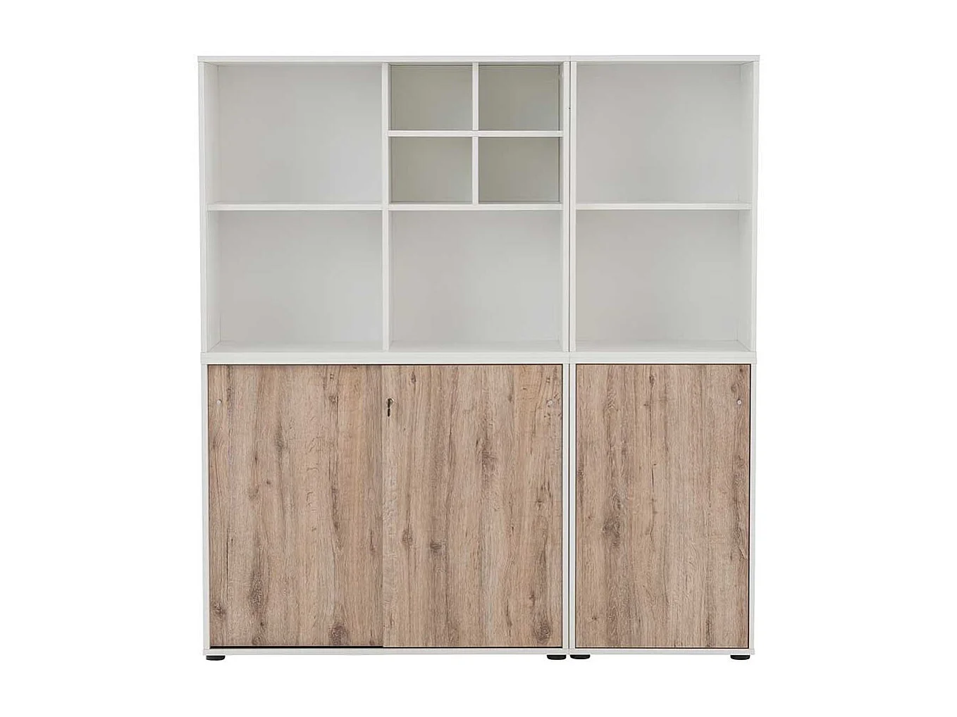 Aktenordnerschrank Büro in Wildeichefarben & Weiß Dreh- und Schiebetüren