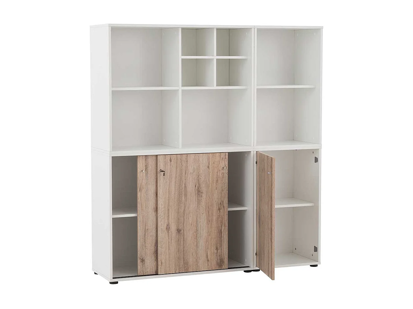 Aktenordnerschrank Büro in Wildeichefarben & Weiß Dreh- und Schiebetüren