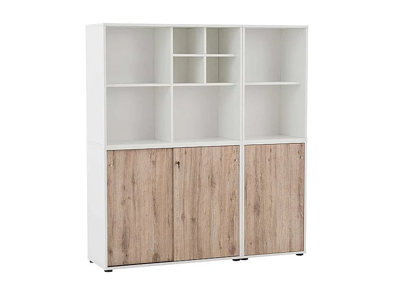 Aktenordnerschrank Büro in Wildeichefarben & Weiß Dreh- und Schiebetüren