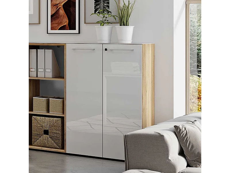 Officeschrank in Weiß und Wildeiche Optik Glas beschichtet