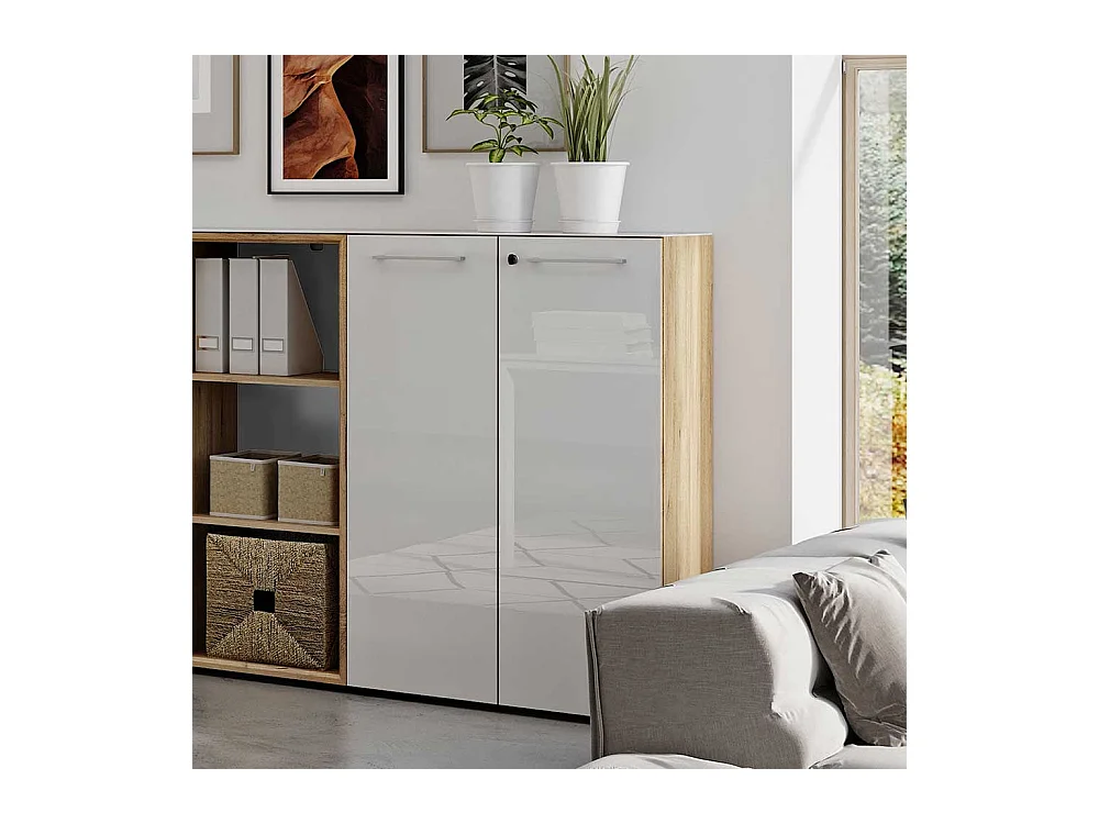 Officeschrank in Weiß und Wildeiche Optik Glas beschichtet