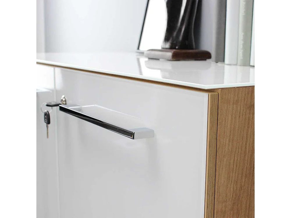 Officeschrank in Weiß und Wildeiche Optik Glas beschichtet