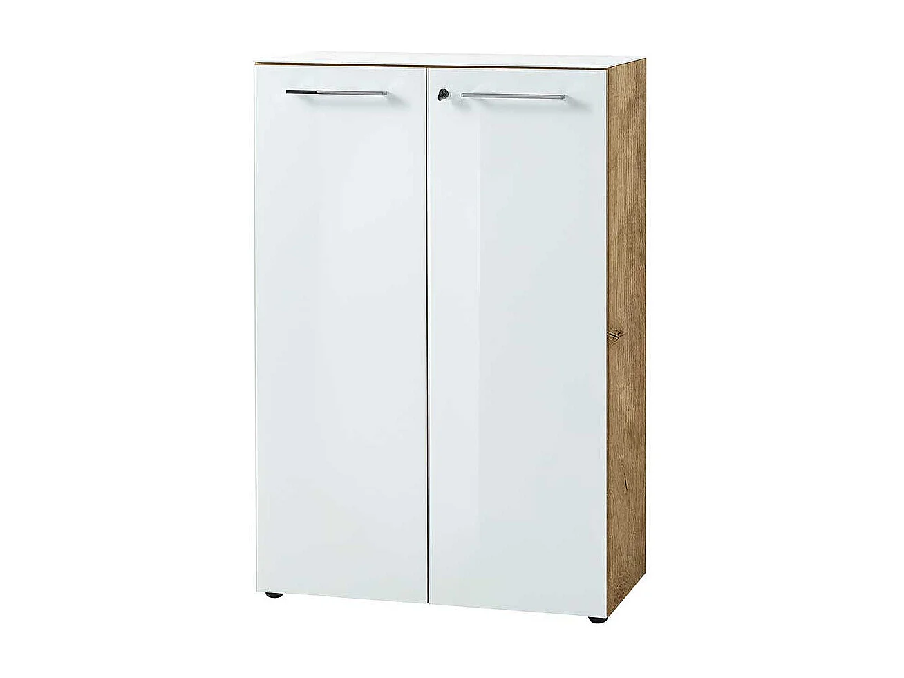 Officeschrank in Weiß und Wildeiche Optik Glas beschichtet