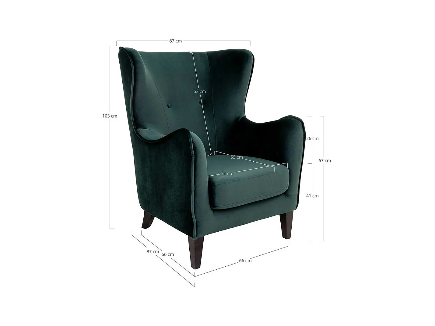 Ohrenbackensessel in Dunkelgrün Samt 55 cm Sitztiefe