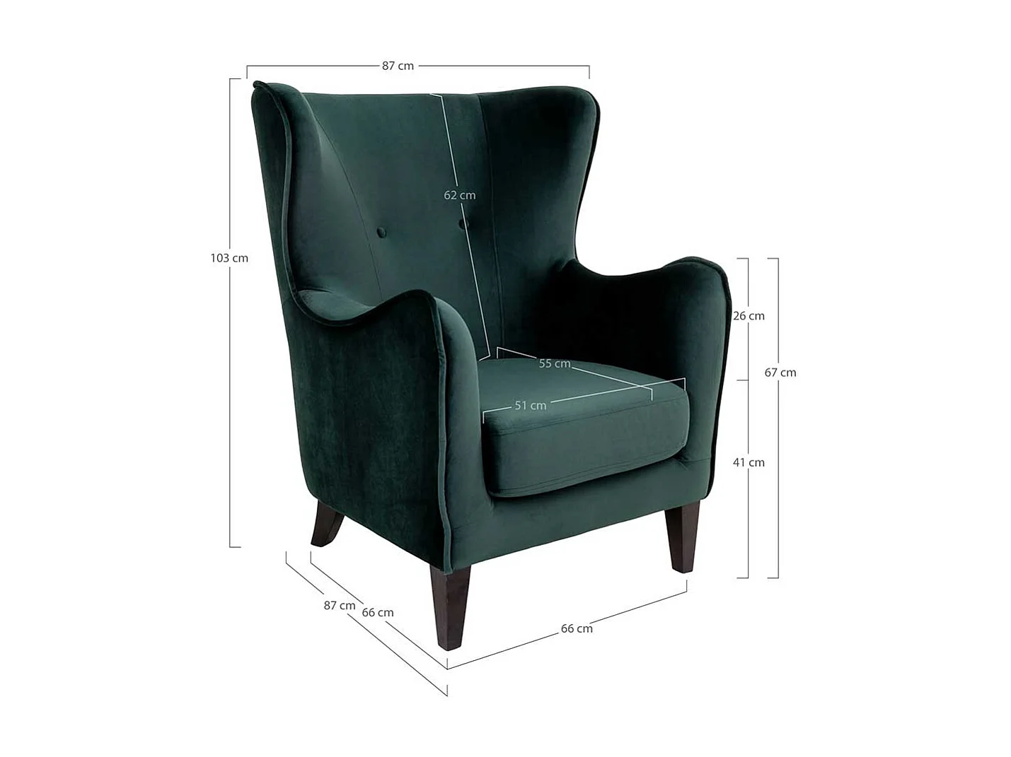 Ohrenbackensessel in Dunkelgrün Samt 55 cm Sitztiefe