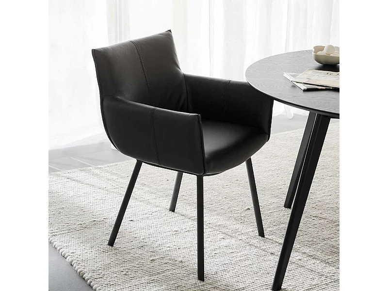 Armlehnstuhl Lederstuhl in Schwarz und gepolsterter Rückenlehne (2er Set)