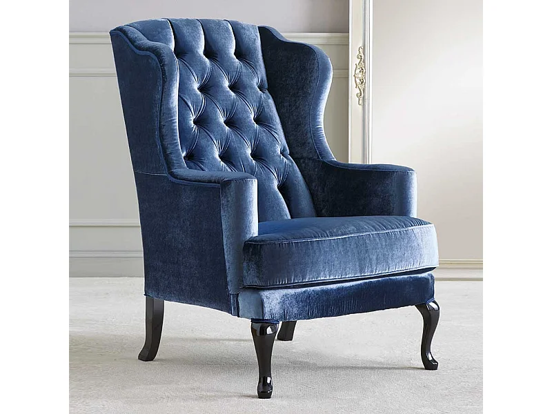Luxus Ohrensessel in Blau Samt Vierfußgestell aus Holz