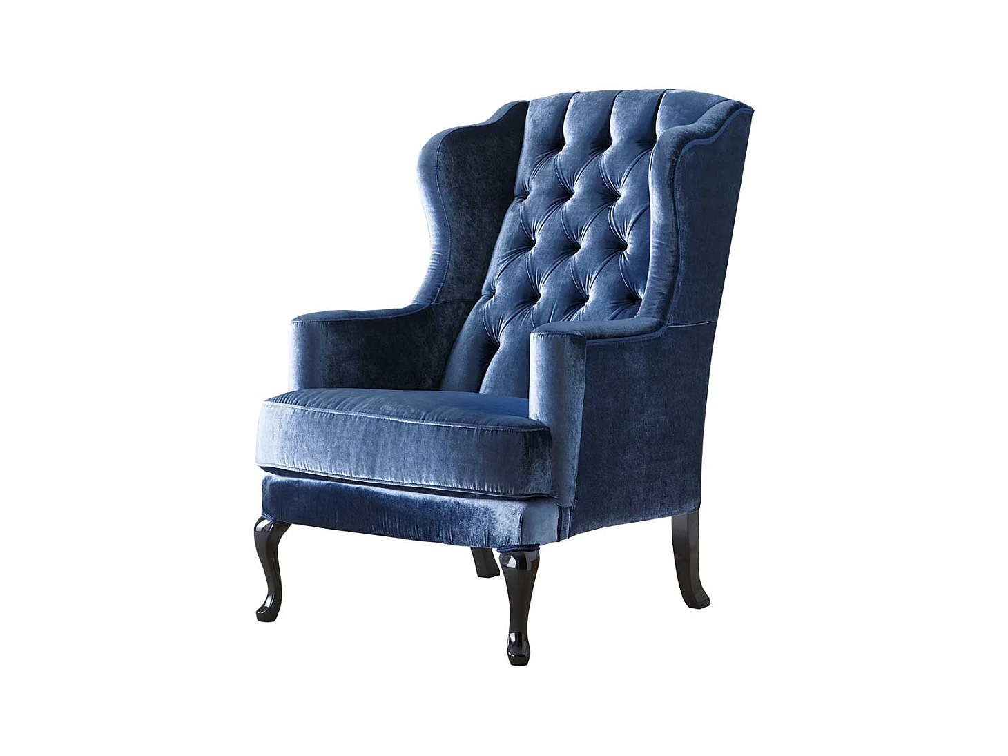 Luxus Ohrensessel in Blau Samt Vierfußgestell aus Holz