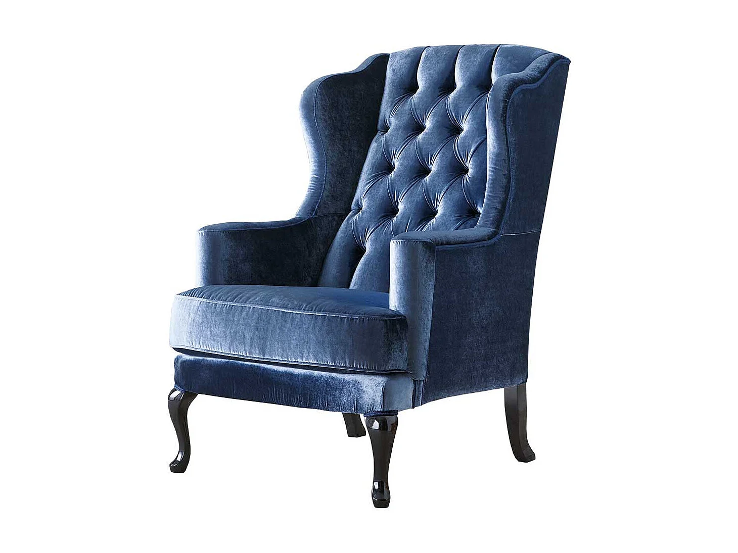 Luxus Ohrensessel in Blau Samt Vierfußgestell aus Holz