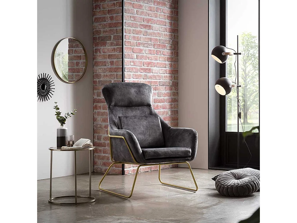 Extravaganter Sessel in Grau Samtvelours und Metall