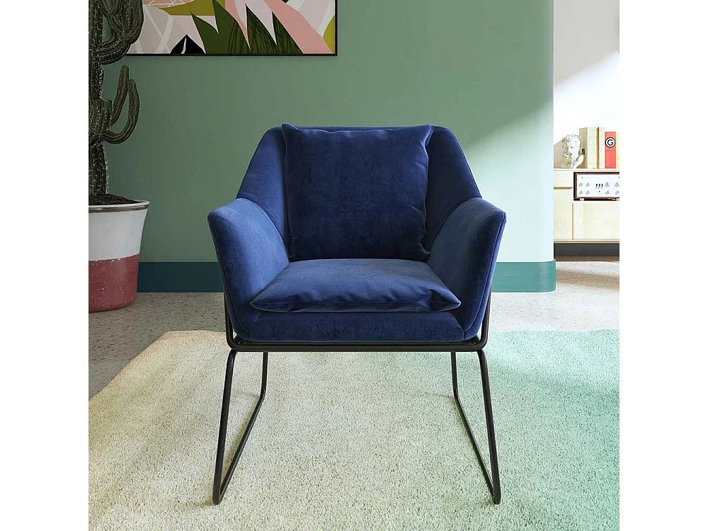 Samt Einzelsessel modern in Blau und Schwarz Bügelgestell