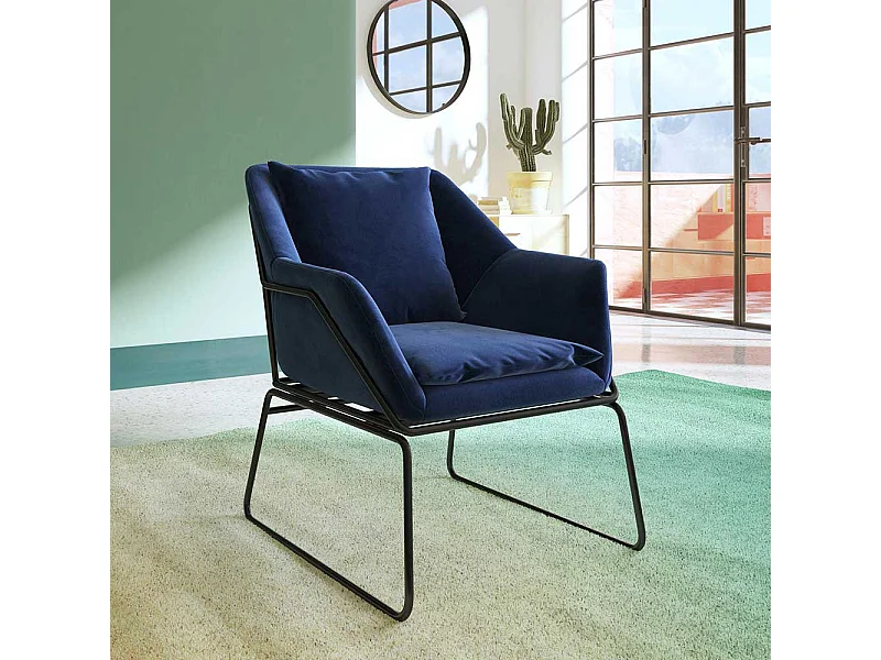 Samt Einzelsessel modern in Blau und Schwarz Bügelgestell