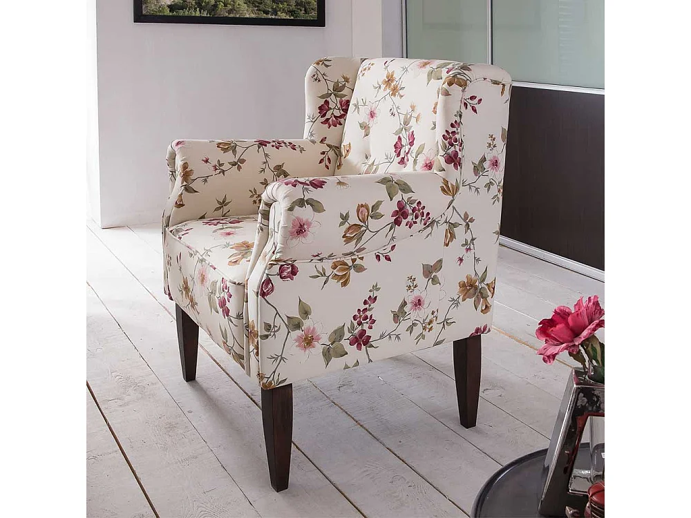 Esstisch Sessel Landhaus im Vintage Look Cremeweiß und Bunt geblümt