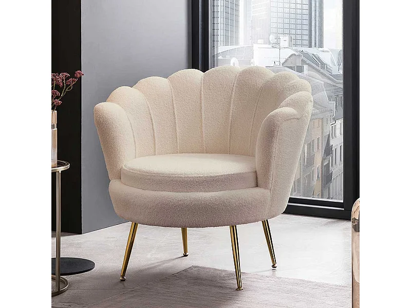Muschelsessel Retro Stil in Cremefarben Boucle Stoff und Metall