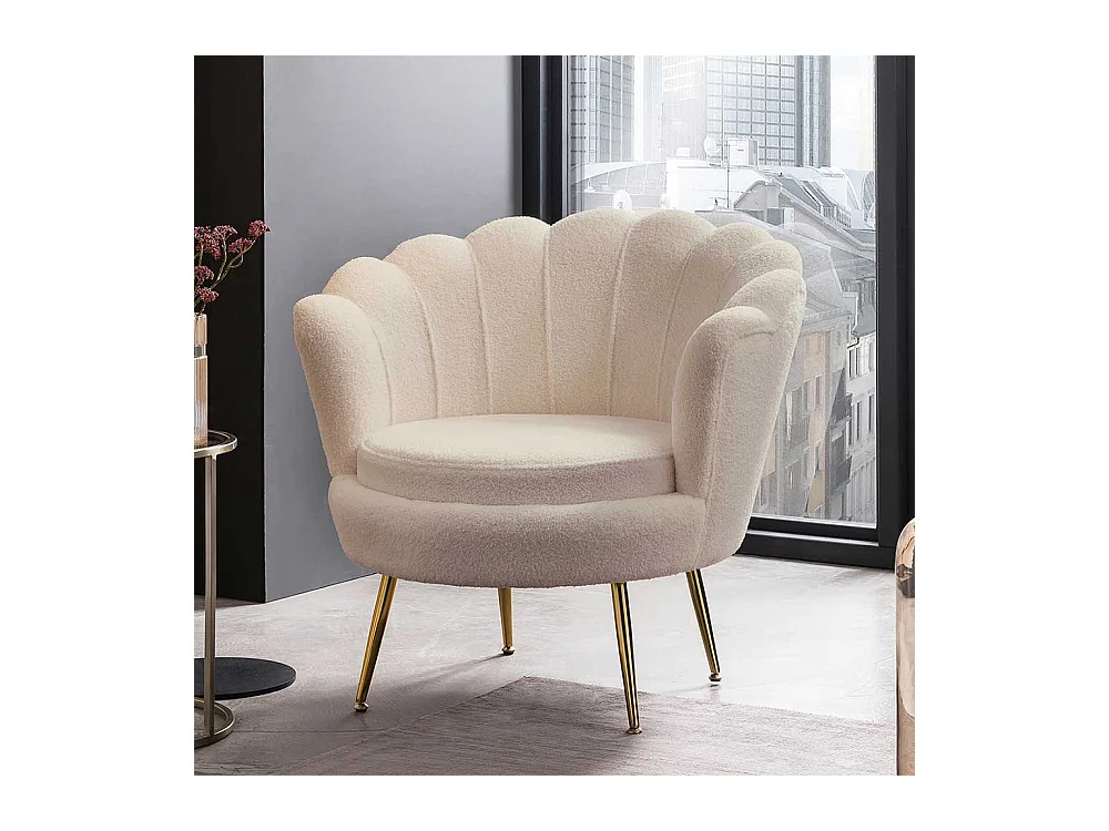 Muschelsessel Retro Stil in Cremefarben Boucle Stoff und Metall