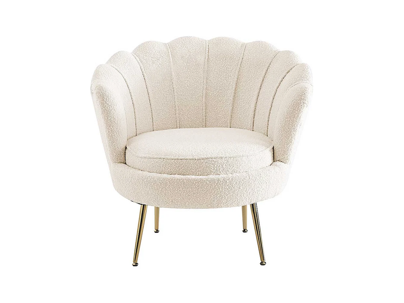 Muschelsessel Retro Stil in Cremefarben Boucle Stoff und Metall