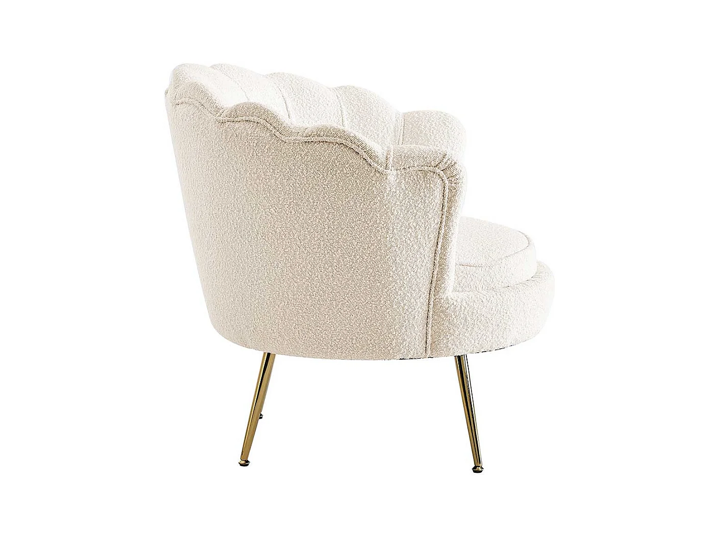 Muschelsessel Retro Stil in Cremefarben Boucle Stoff und Metall