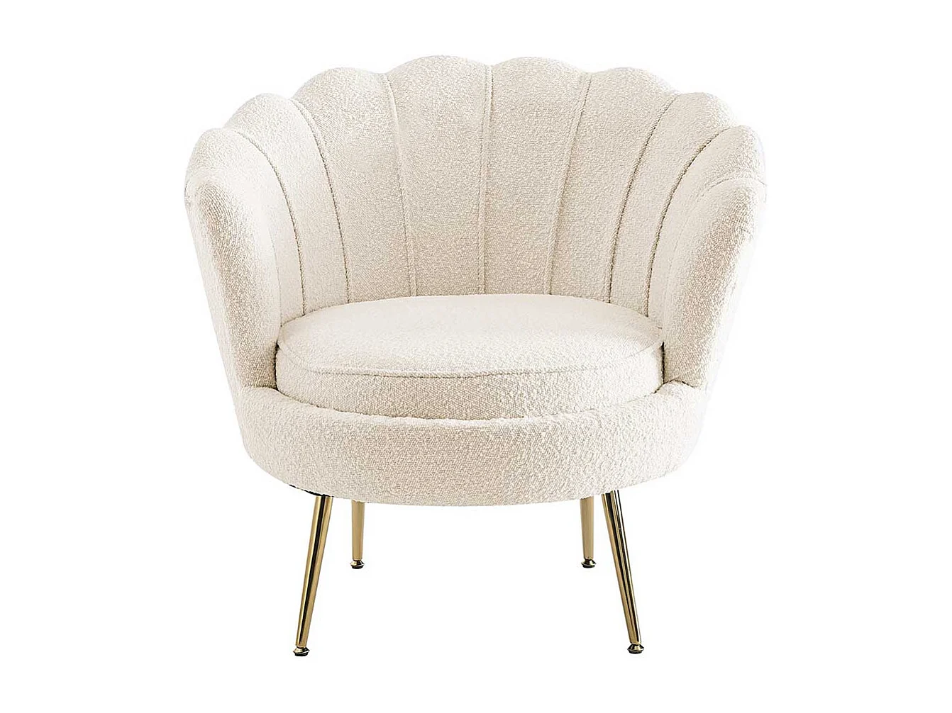 Muschelsessel Retro Stil in Cremefarben Boucle Stoff und Metall