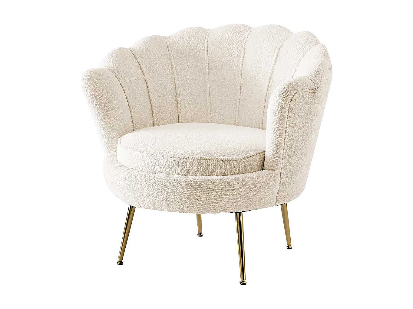 Muschelsessel Retro Stil in Cremefarben Boucle Stoff und Metall