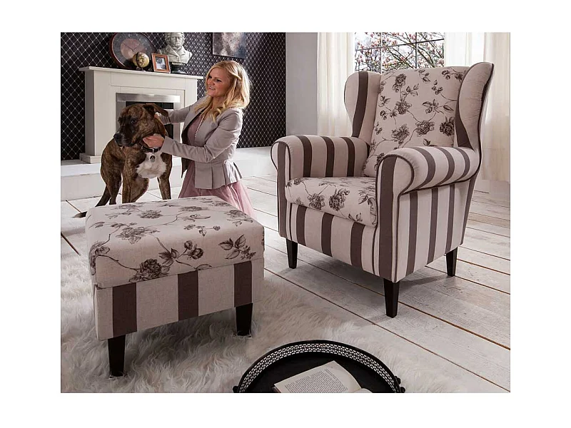 Ohrensessel mit Blumenmuster Braun Beige