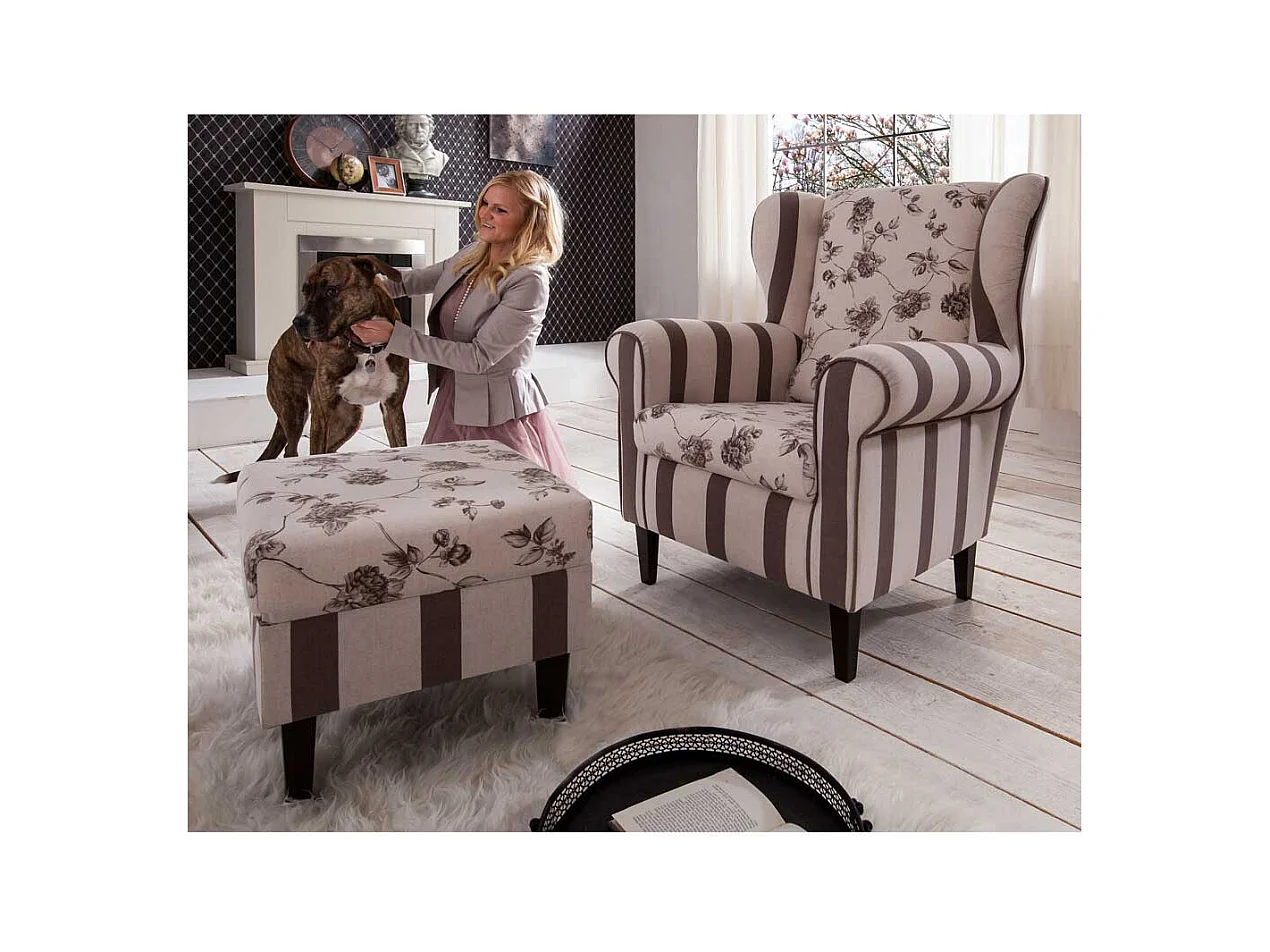 Ohrensessel mit Blumenmuster Braun Beige