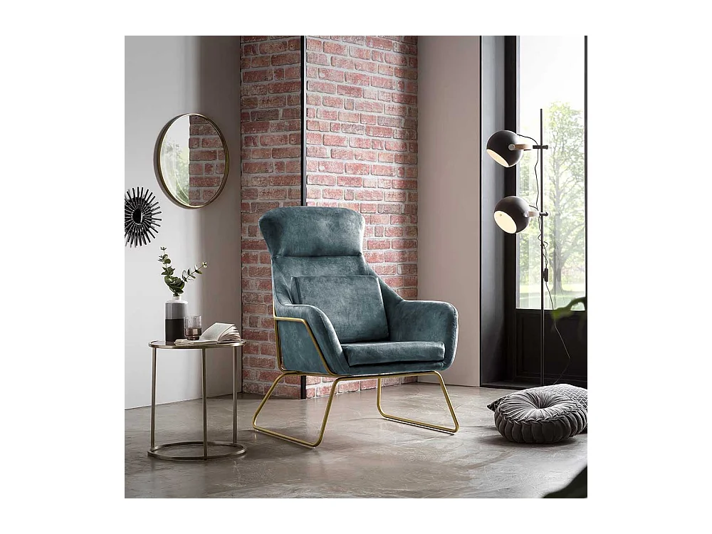 Ausgefallener Sessel aus Samtvelours Blau Metall Messingfarben