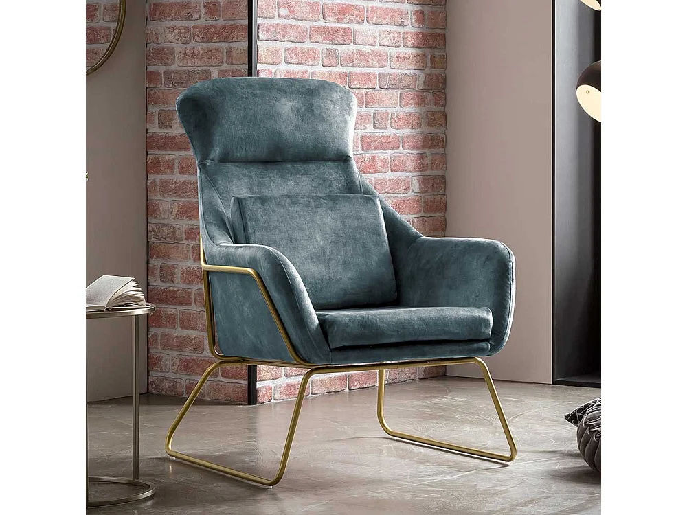 Ausgefallener Sessel aus Samtvelours Blau Metall Messingfarben