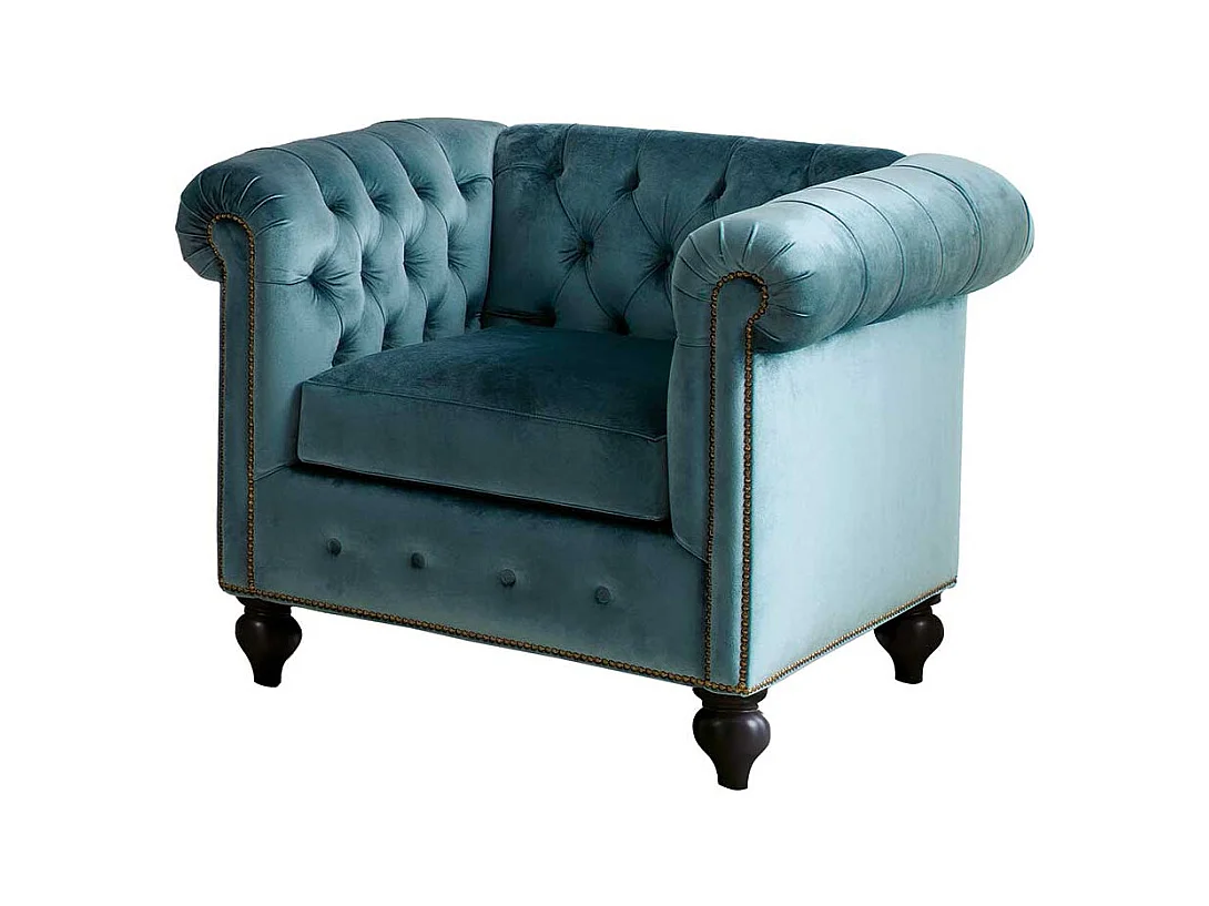 Chesterfield Samt Sessel in Petrol Vierfußgestell aus Holz