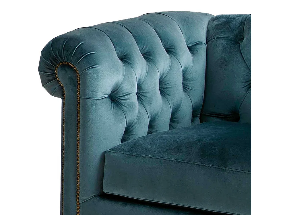 Chesterfield Samt Sessel in Petrol Vierfußgestell aus Holz