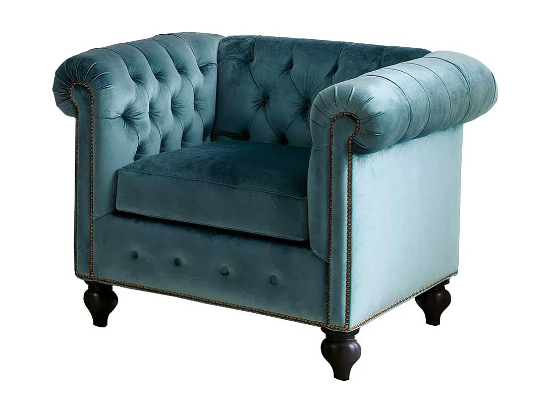 Chesterfield Samt Sessel in Petrol Vierfußgestell aus Holz