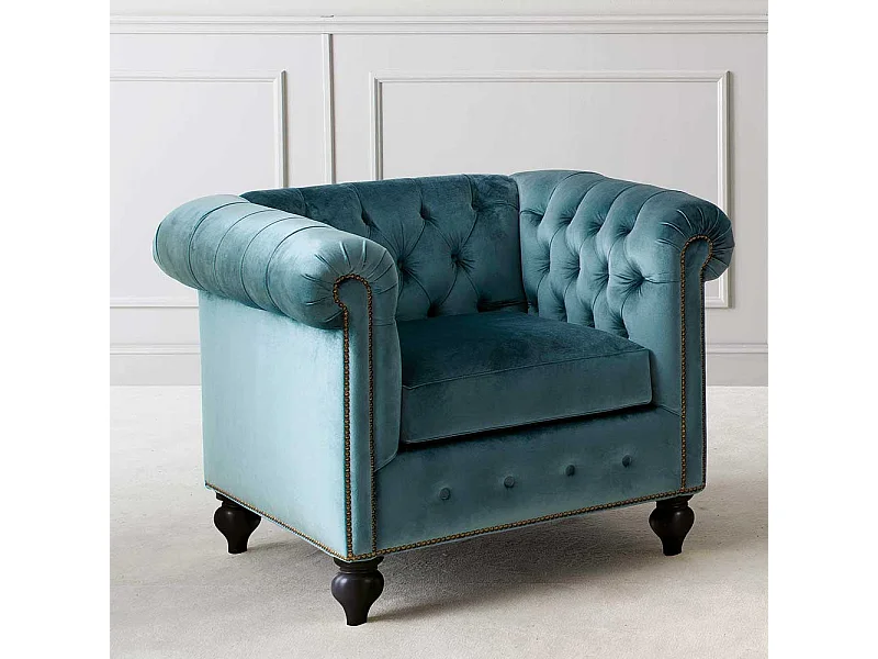 Chesterfield Samt Sessel in Petrol Vierfußgestell aus Holz