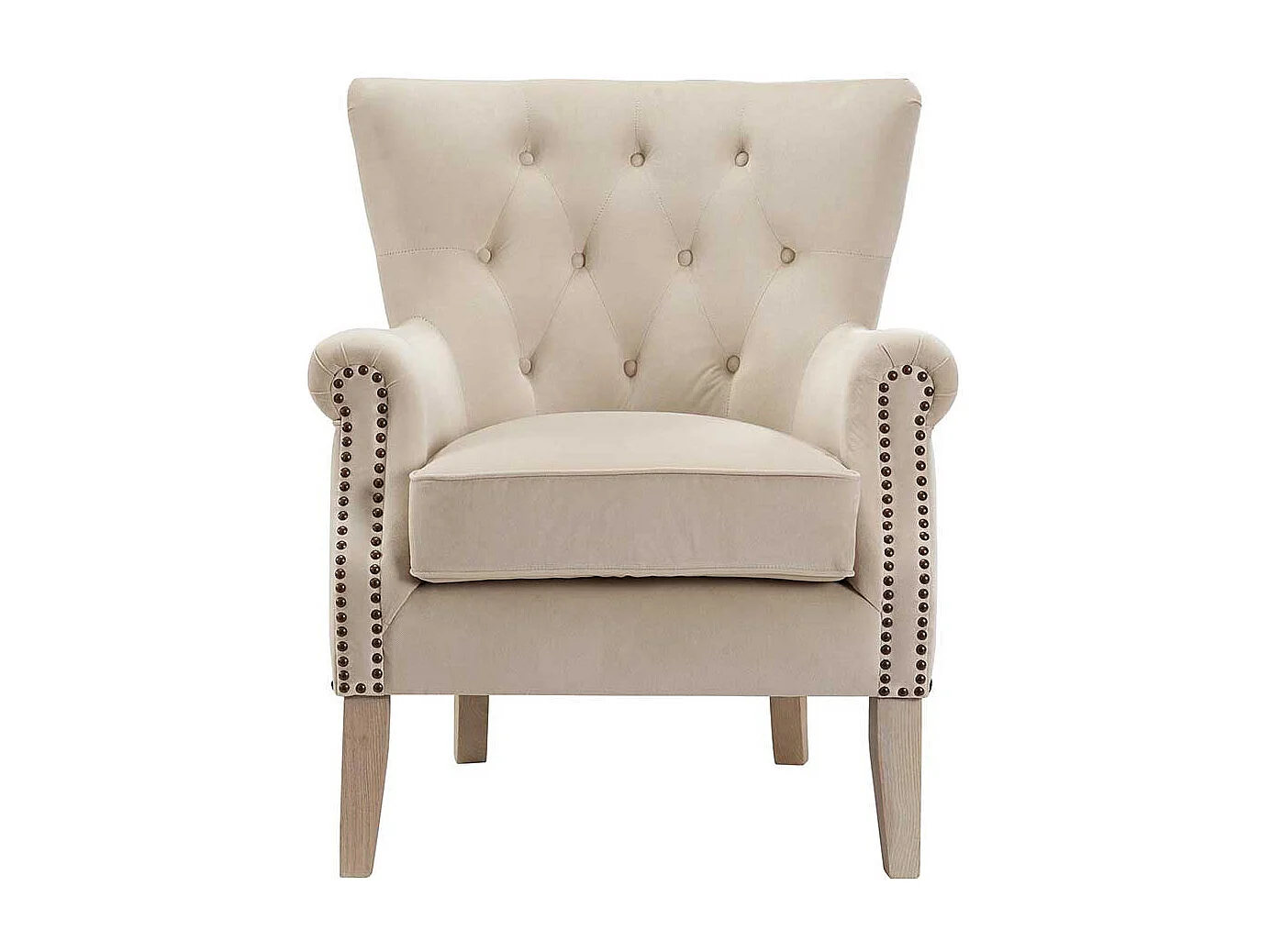 Chesterfield Sessel Beige aus Webstoff Vierfußgestell aus Holz