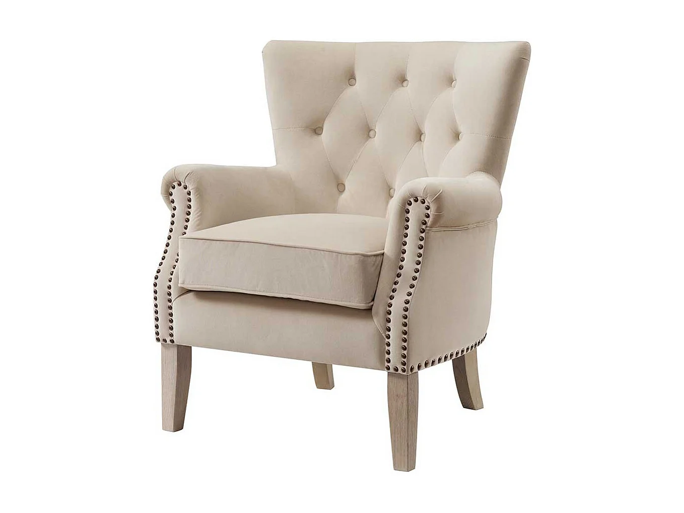 Chesterfield Sessel Beige aus Webstoff Vierfußgestell aus Holz