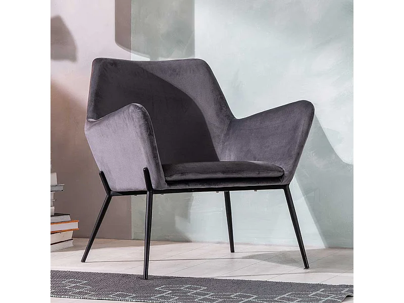 Anthrazit Lounge Polstersessel im Retrostil Samt und Metall