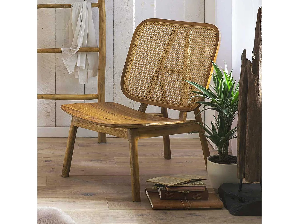 Sessel aus Rattan und Teak Massivholz 40 cm Sitzhöhe