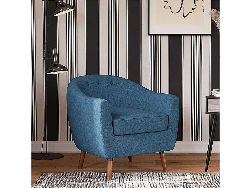 Retro Einzelsessel blau aus Webstoff Vierfußgestell aus Holz