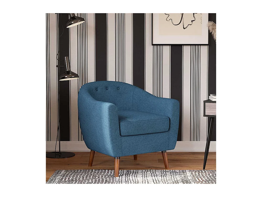 Retro Einzelsessel blau aus Webstoff Vierfußgestell aus Holz