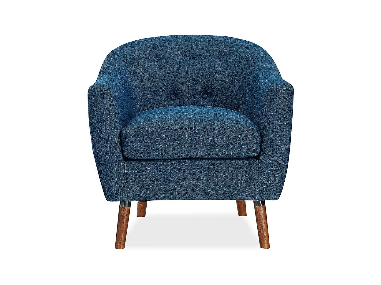 Retro Einzelsessel blau aus Webstoff Vierfußgestell aus Holz