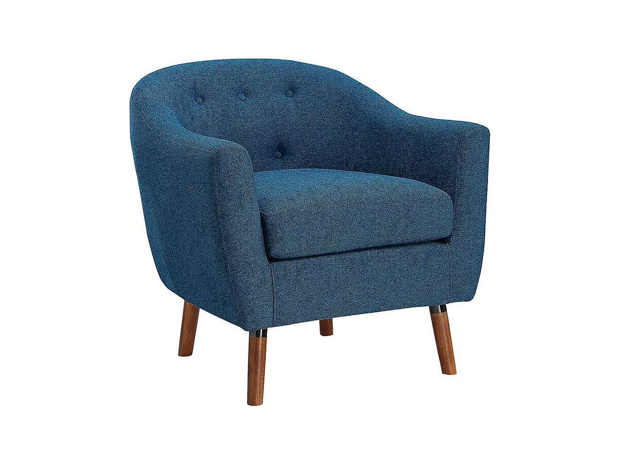 Retro Einzelsessel blau aus Webstoff Vierfußgestell aus Holz