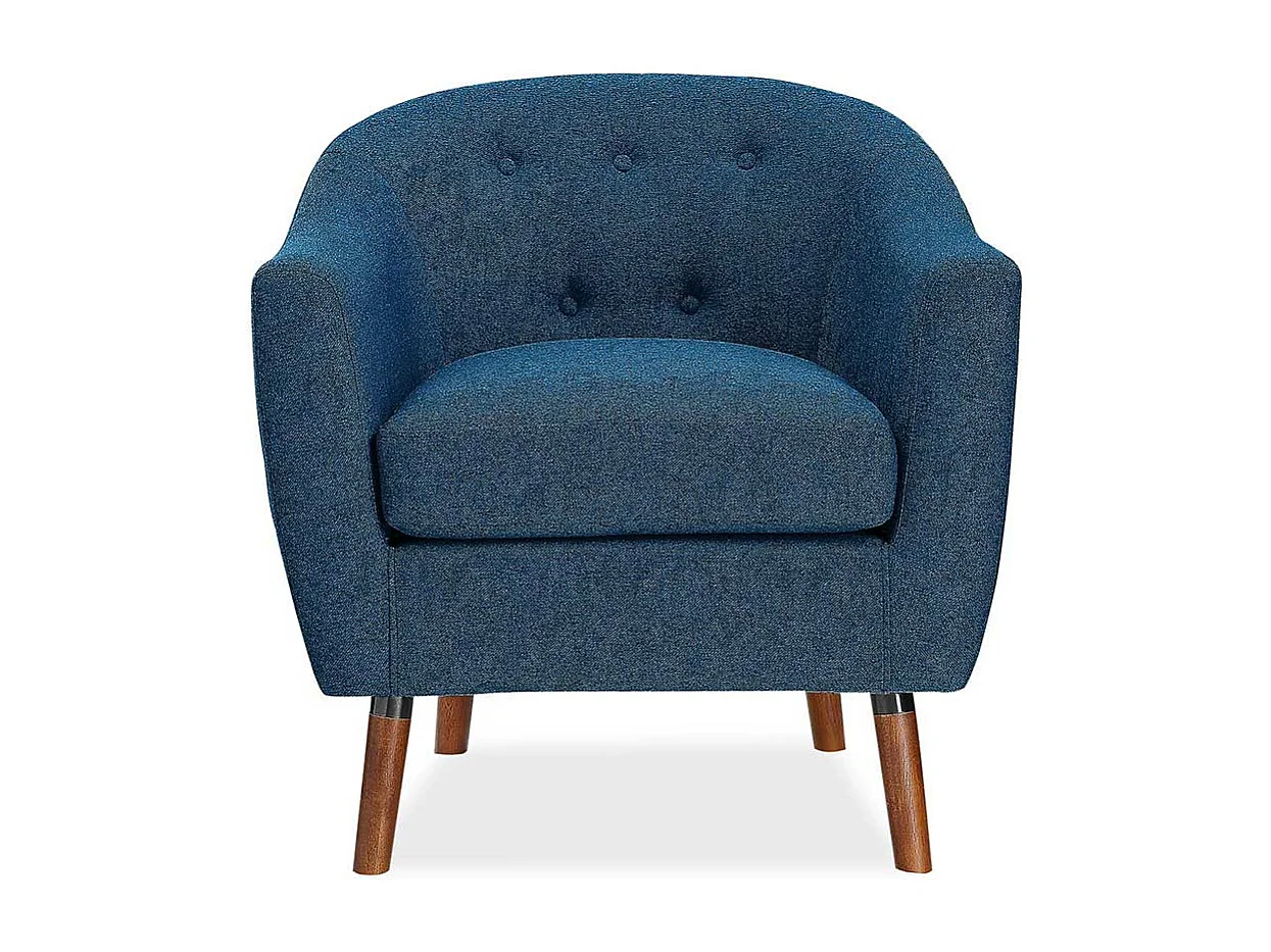 Retro Einzelsessel blau aus Webstoff Vierfußgestell aus Holz