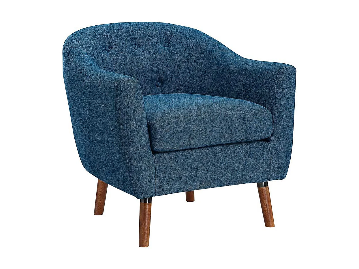 Retro Einzelsessel blau aus Webstoff Vierfußgestell aus Holz