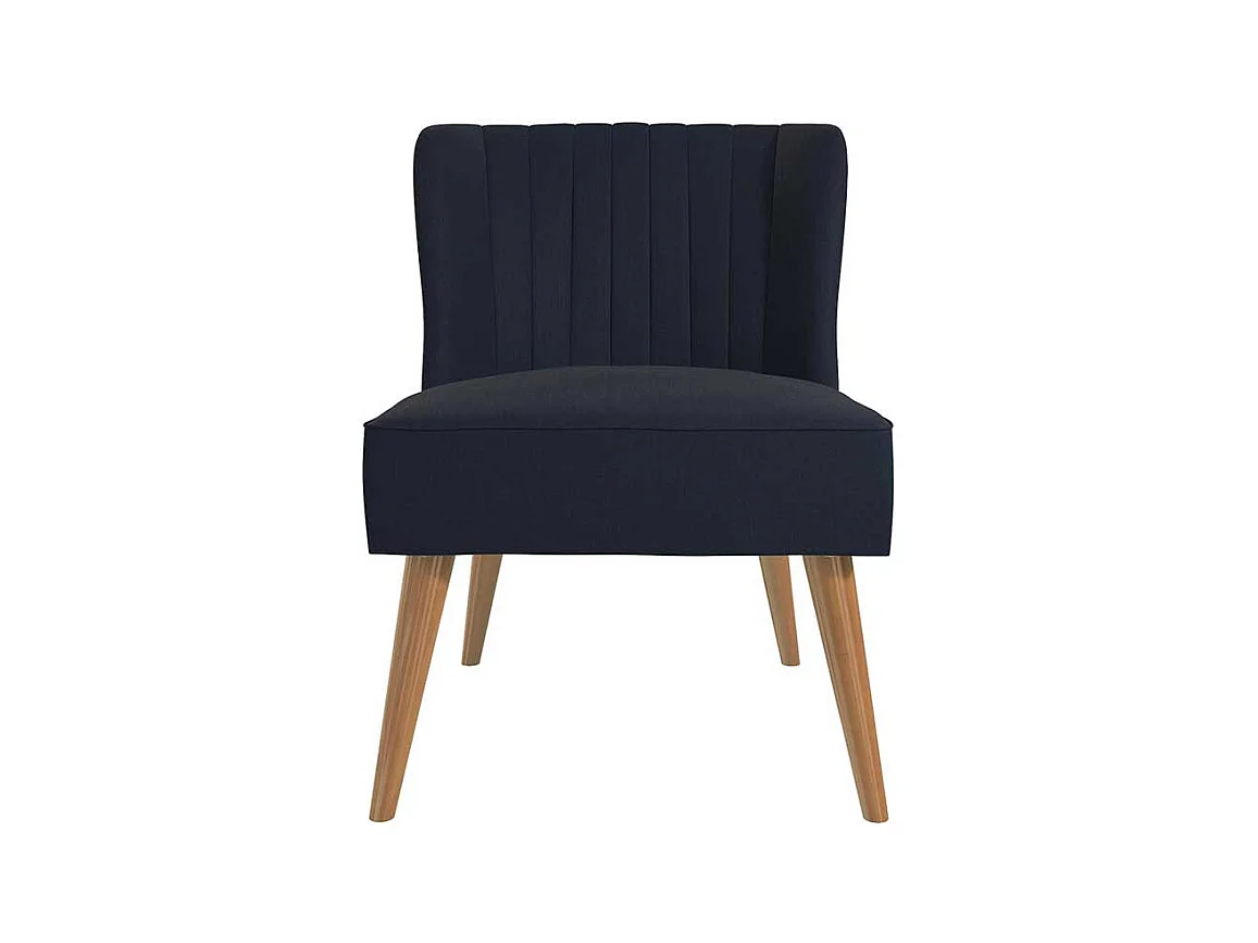 Dunkelblauer Stoffsessel im Retrostil Vierfußgestell aus Holz