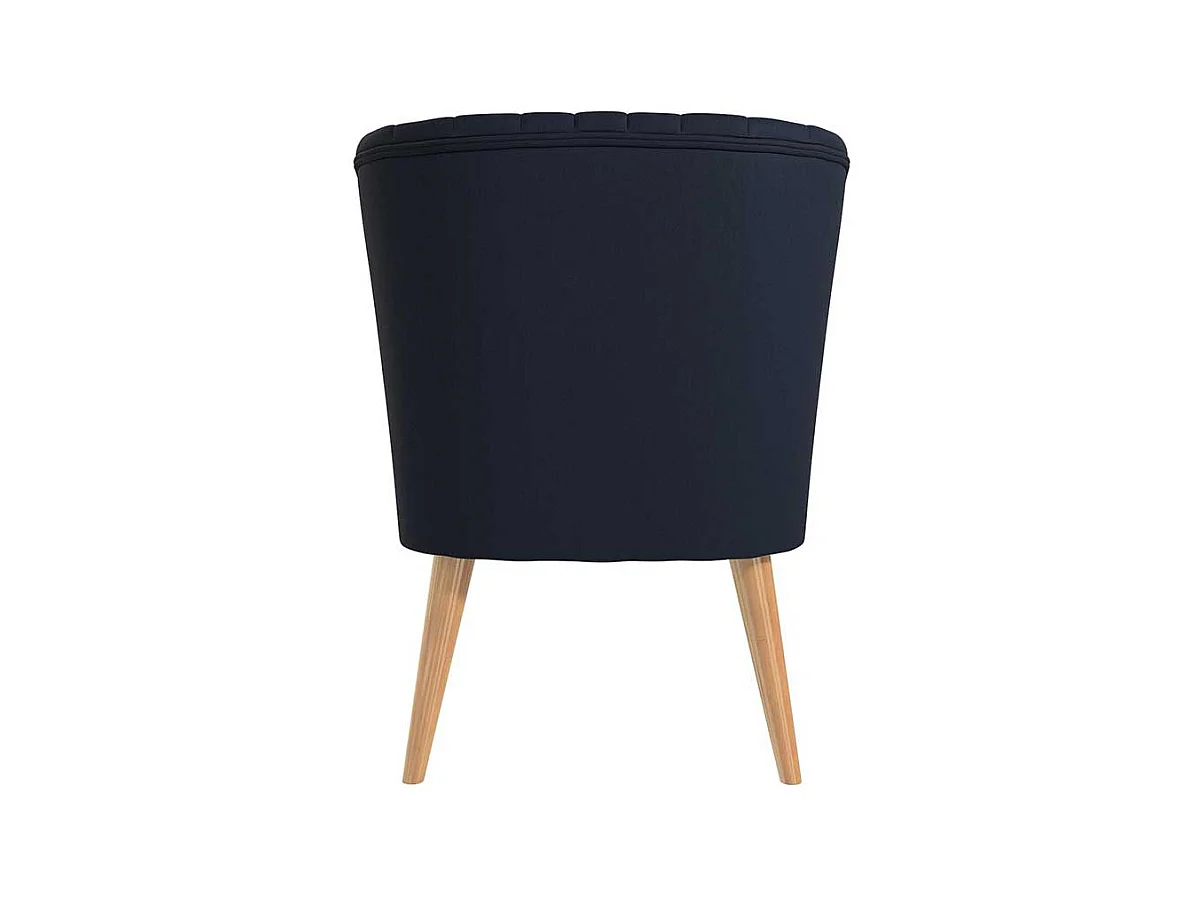 Dunkelblauer Stoffsessel im Retrostil Vierfußgestell aus Holz