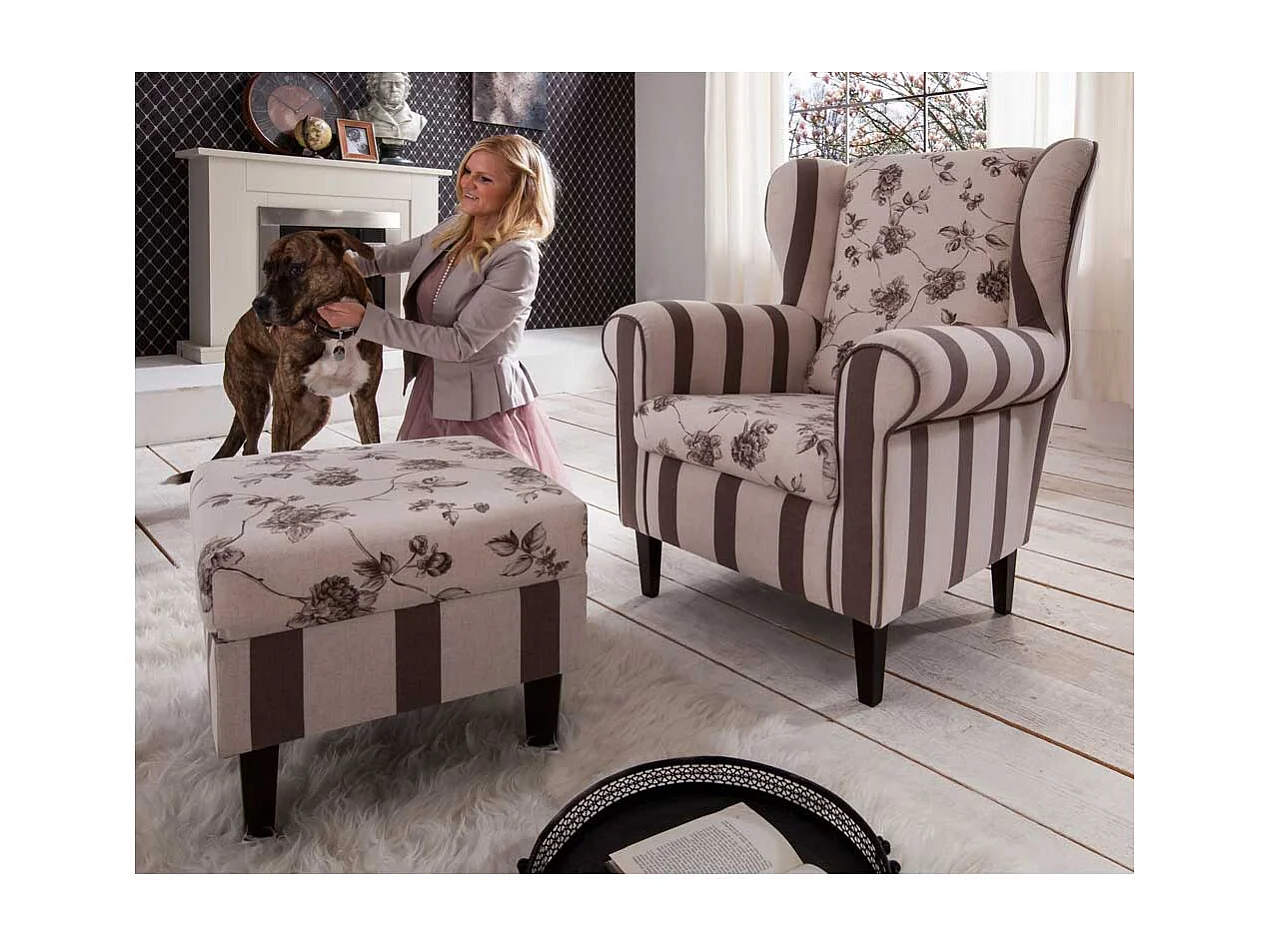 Ohrensessel mit Blumenmuster Braun Beige