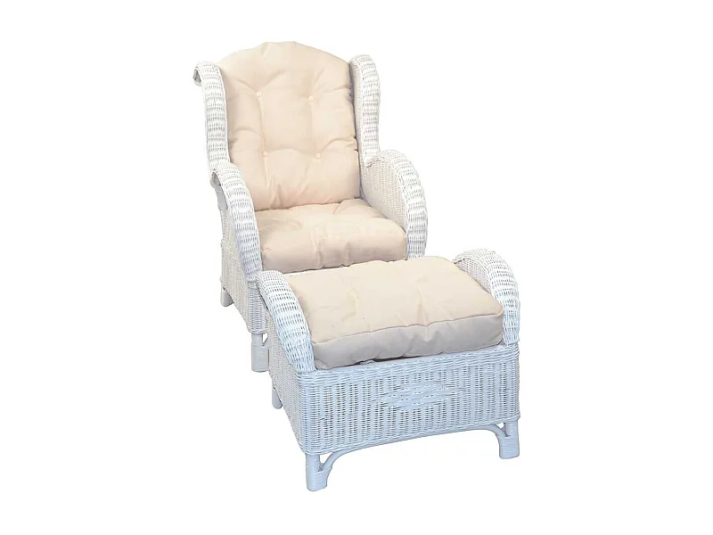 Weißer Rattan Sessel mit Fußhocker und (zweiteilig)