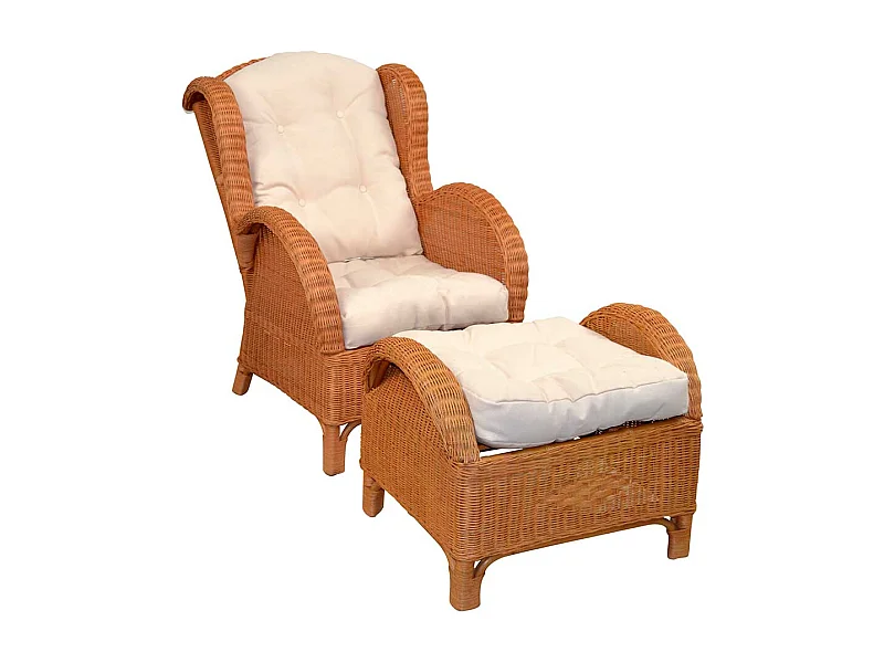 Ohrensessel Rattan mit Hocker im Landhausstil Honigfarben (zweiteilig)