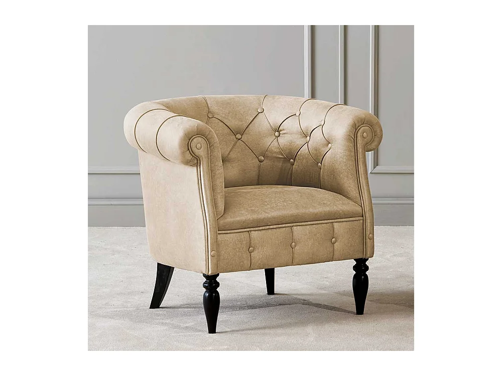 Chesterfield Sessel in Beige und Schwarz Vierfußgestell aus Holz