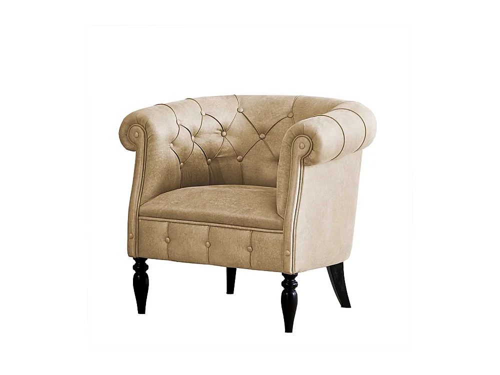 Chesterfield Sessel in Beige und Schwarz Vierfußgestell aus Holz