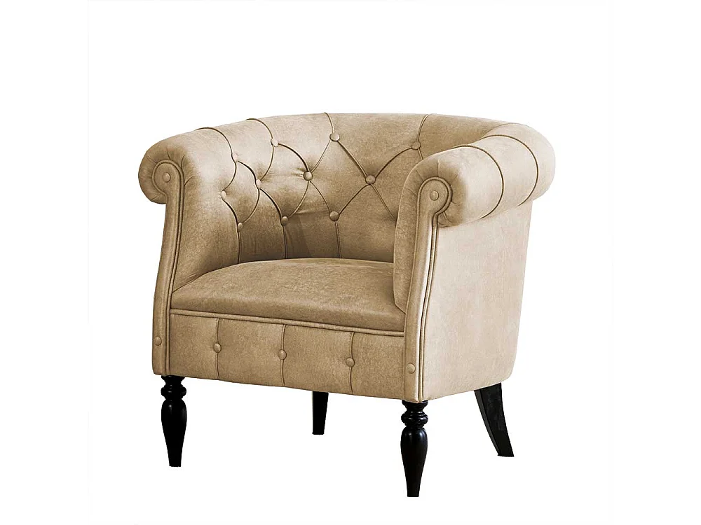 Chesterfield Sessel in Beige und Schwarz Vierfußgestell aus Holz