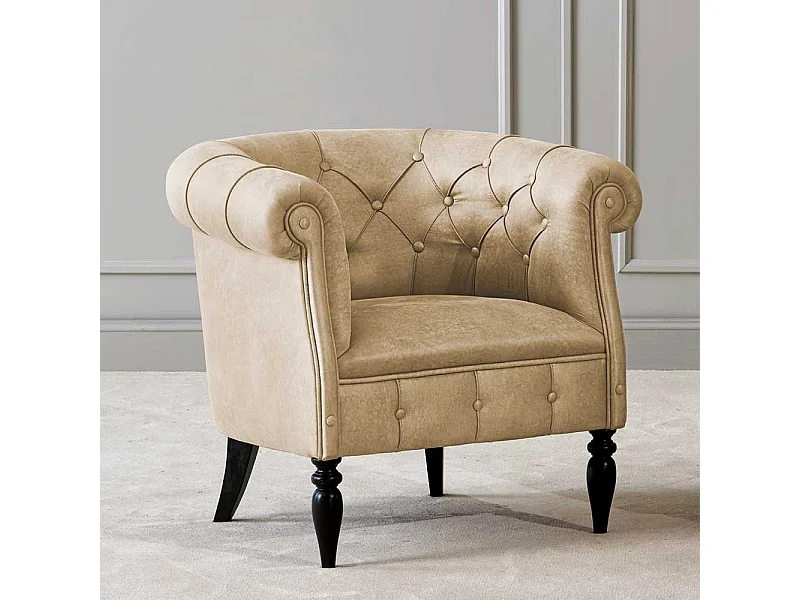 Chesterfield Sessel in Beige und Schwarz Vierfußgestell aus Holz